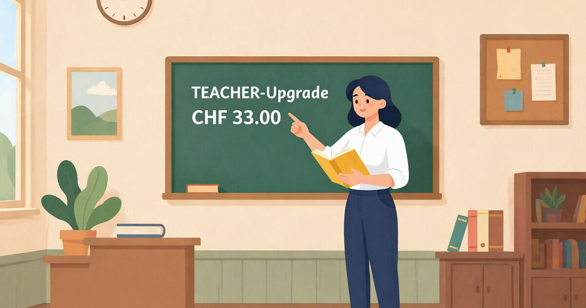 Lehrerin vor einer Tafel mit dem Hinweis «TEACHER-Upgrade CHF 33.00» – digitale Lernkarten für den Unterricht mit card2brain.