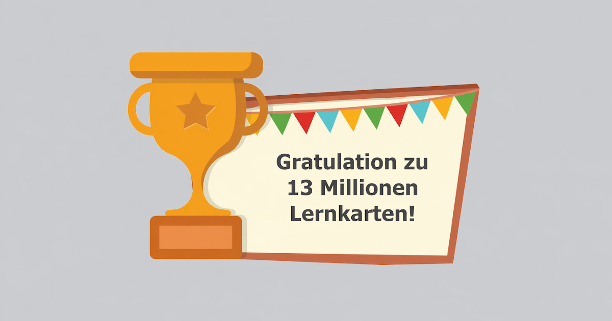 Illustration mit Pokal und Banner „Gratulation zu 13 Millionen Lernkarten“ – über 13 Mio. öffentliche Lernkarten in der card2brain-Bibliothek.
