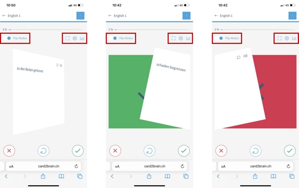 Drei Screenshots der mobilen Webversion von card2brain zeigen den Flip-Modus.