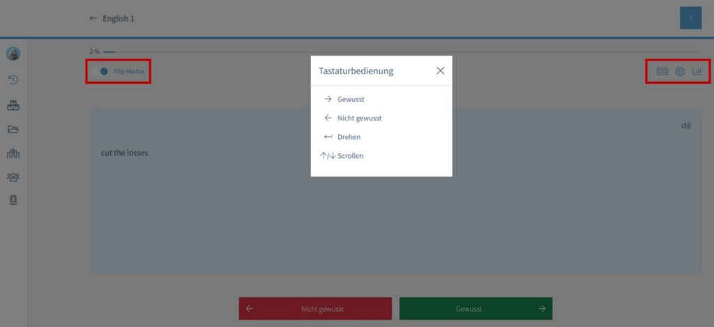 Flip-Modus von card2brain in der Webversion mit Tastatursteuerung und Aktivierungsschalter .